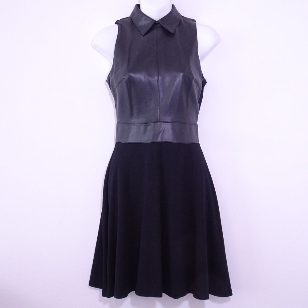 Bailey 44 Women's Vegan Leather Collared Tank A line Skirt DRESS Sz XS Black